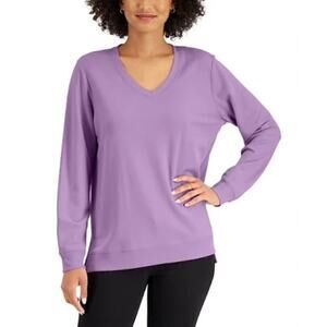 Karen Scott Sport Essentials Fragrant Lilac French Terry V-Neck High-Low Top - M